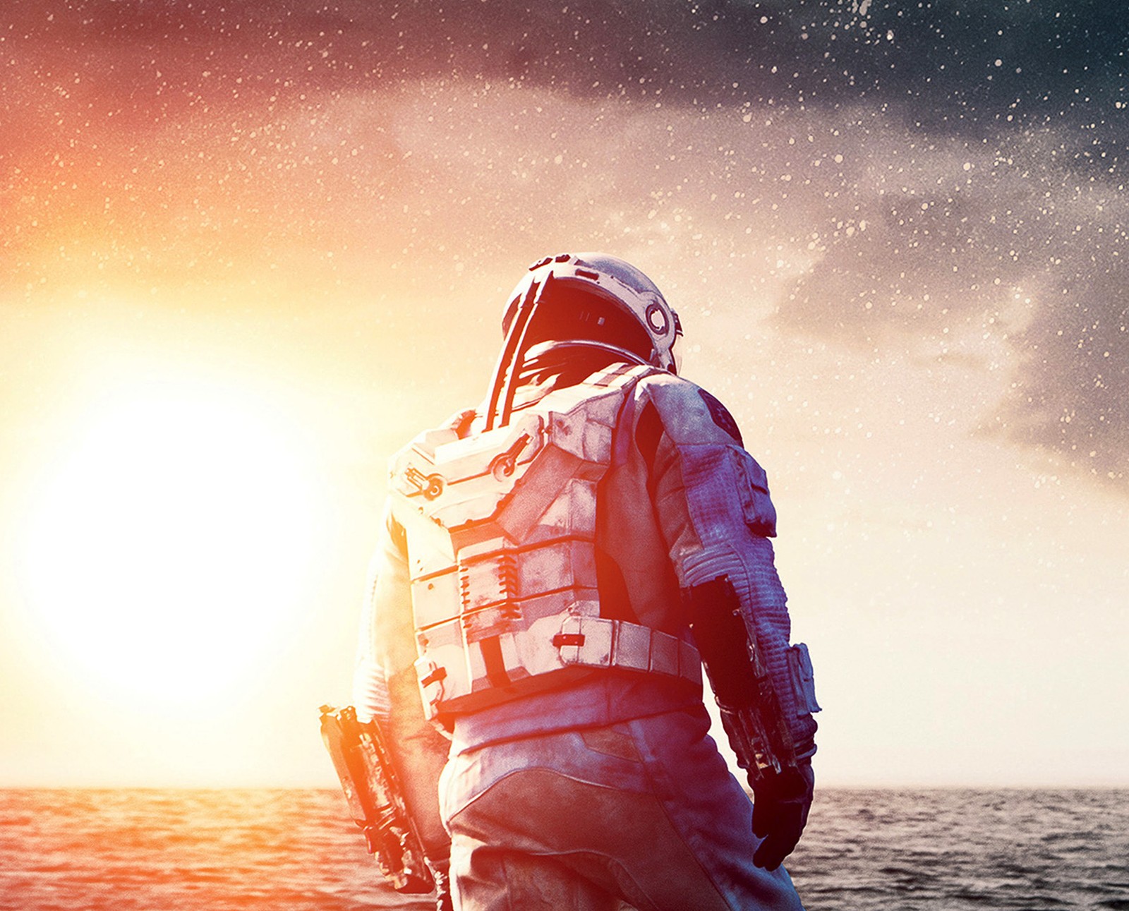 Astronaut in space suit standing on the edge of a boat in the ocean (intererstellar, movie, sci fi, water)