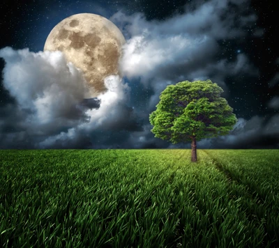 field, grass, moon, moonlight, night