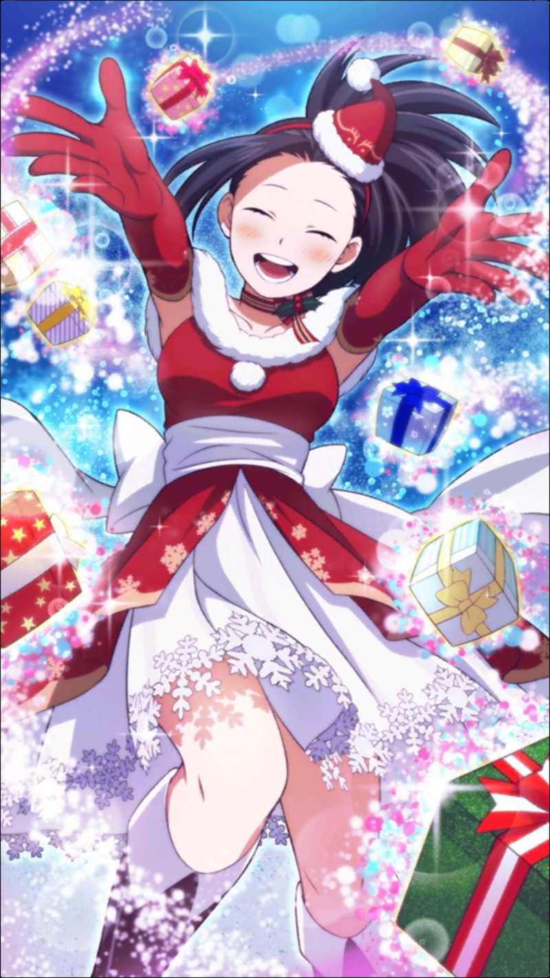 A close up of a person in a dress with a christmas present (anime, hero, momo yaoyorozu)