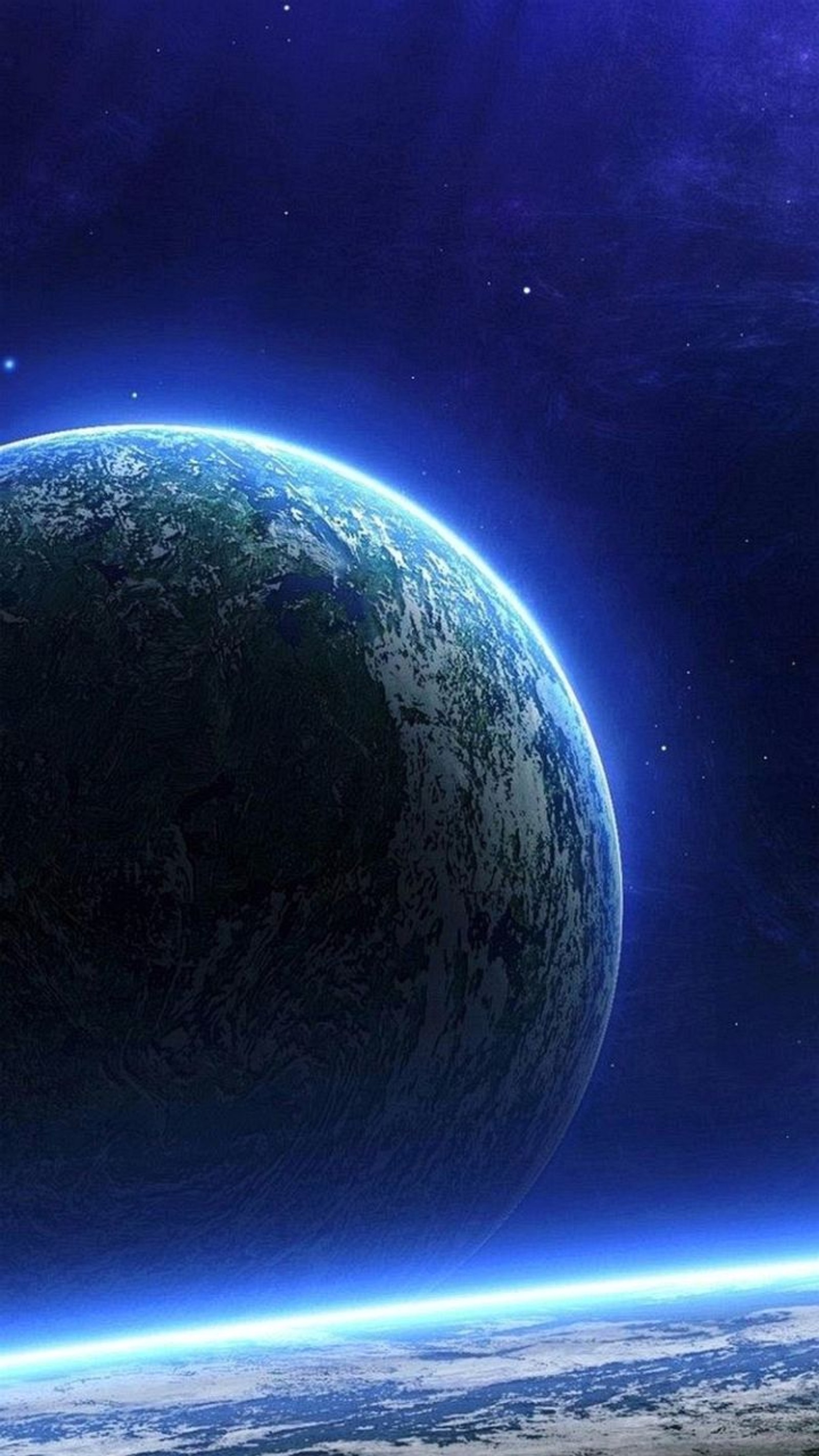 A close up of a planet with a blue glow in the sky (earth, space)