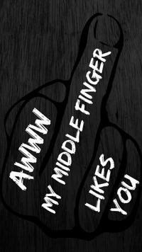 A playful illustration of a raised middle finger with the text "AWWW MY MIDDLE FINGER LIKES YOU" in bold, white letters against a dark wooden background.