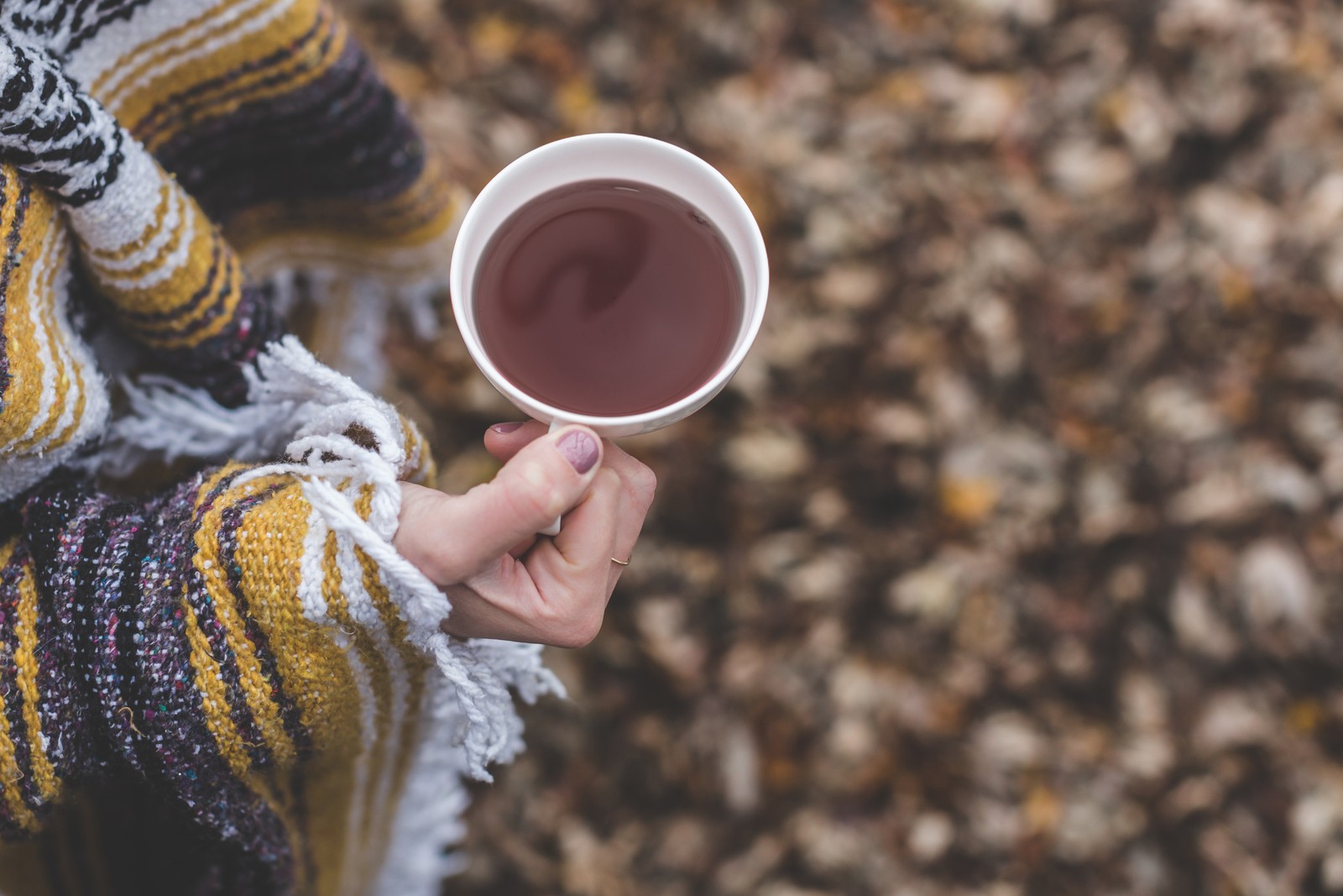 Quelqu'un tient une tasse de thé dans sa main dans un tas de feuilles (tasse, tasse à café, main, caféine, boisson)