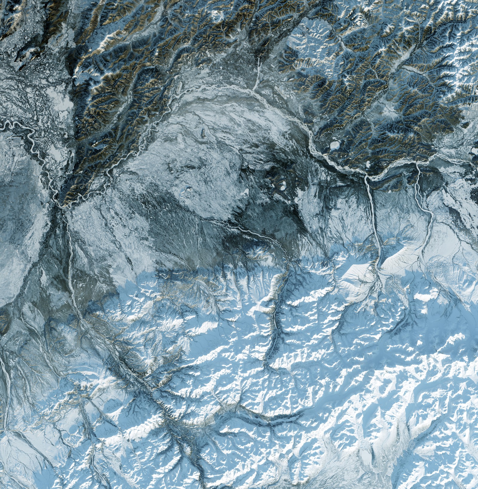 Arafed view of a snow covered mountain with a few trees (water, space, frost, water resources, freezing)