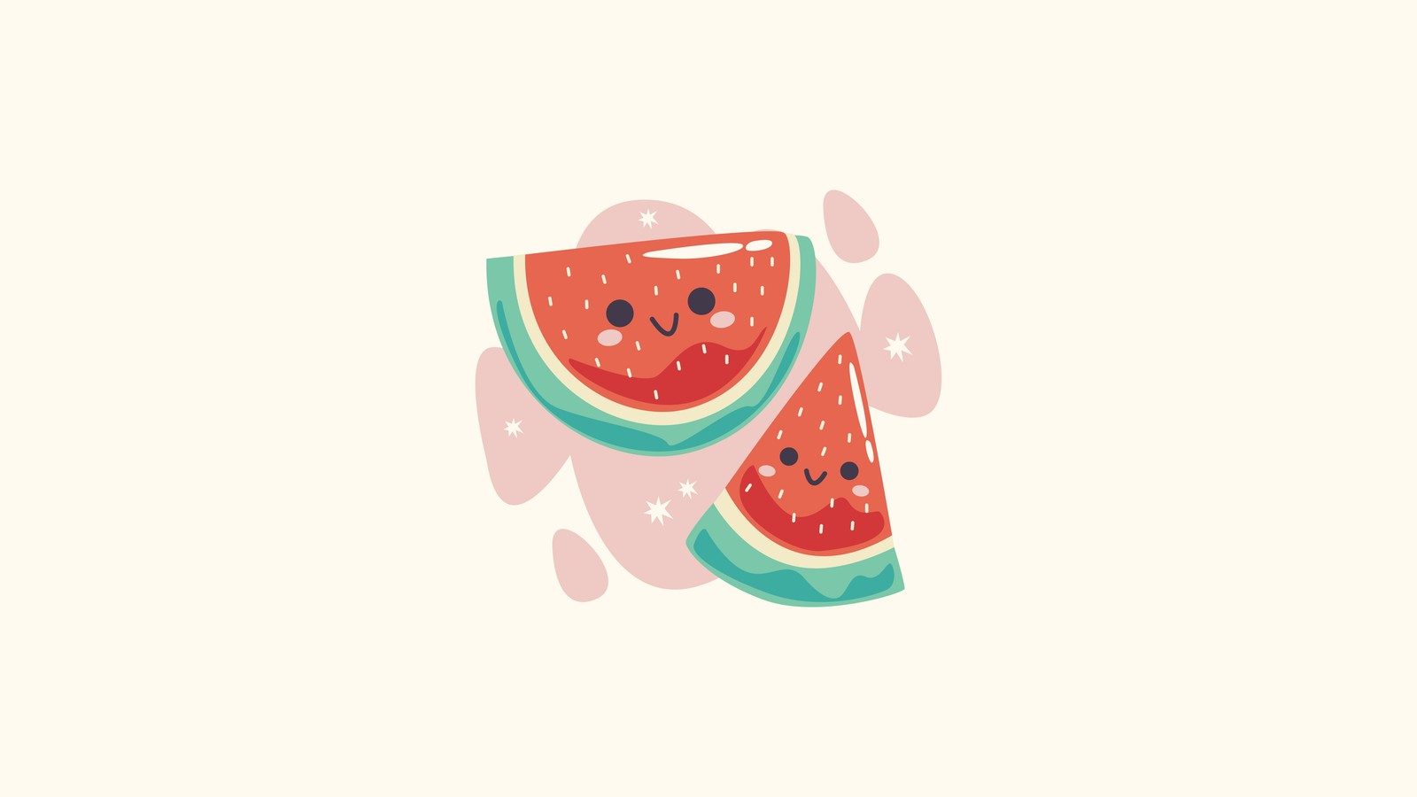 Ilustración de dos rodajas de sandía con caras en ellas (kawaii watermelon, comida kawaii, adorable, lindo, otros)