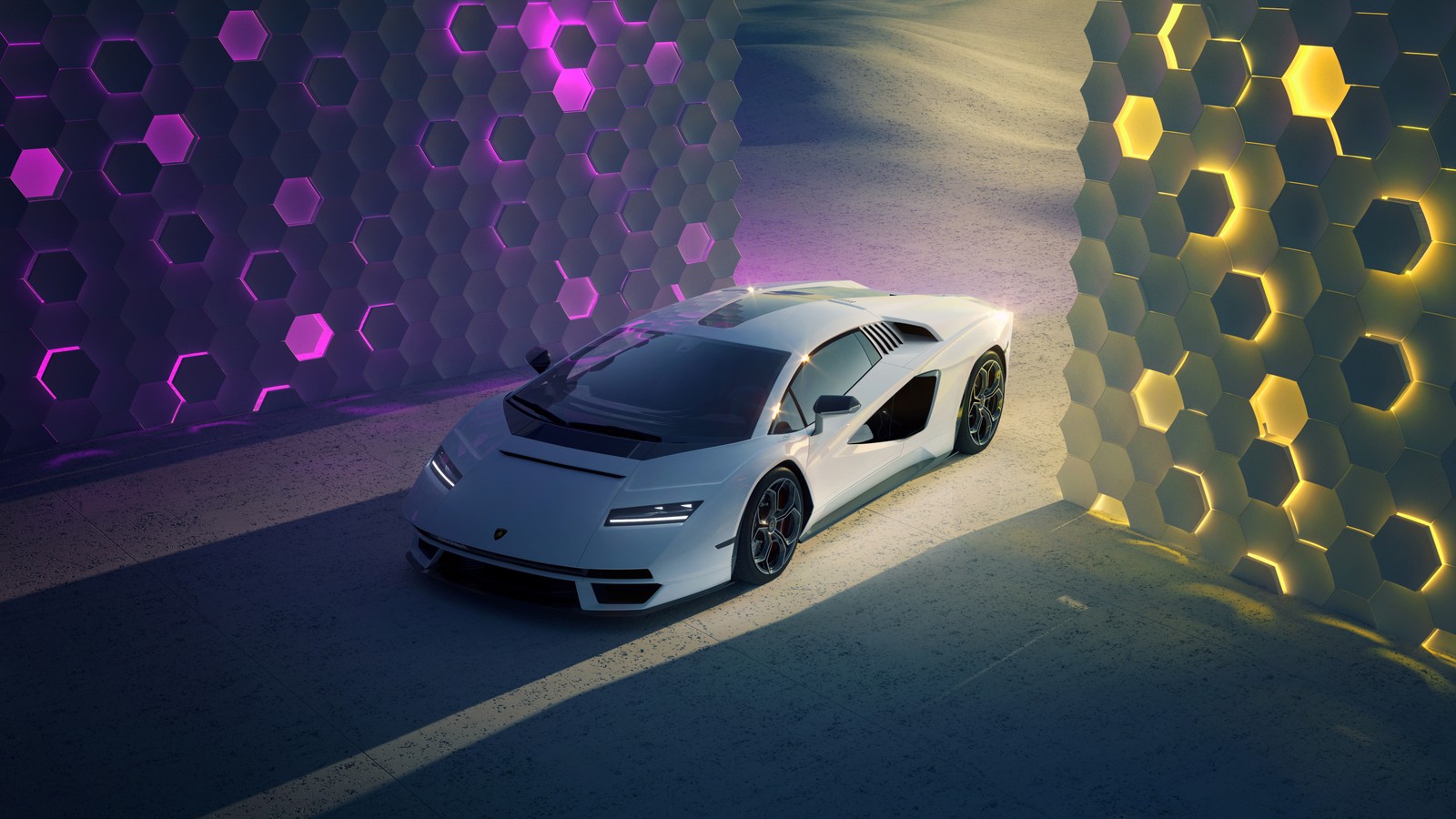 A white lamb car parked in front of a wall with hexagons (lamborghini countach, futuristic, 5k, cars, 4k wallpaper)