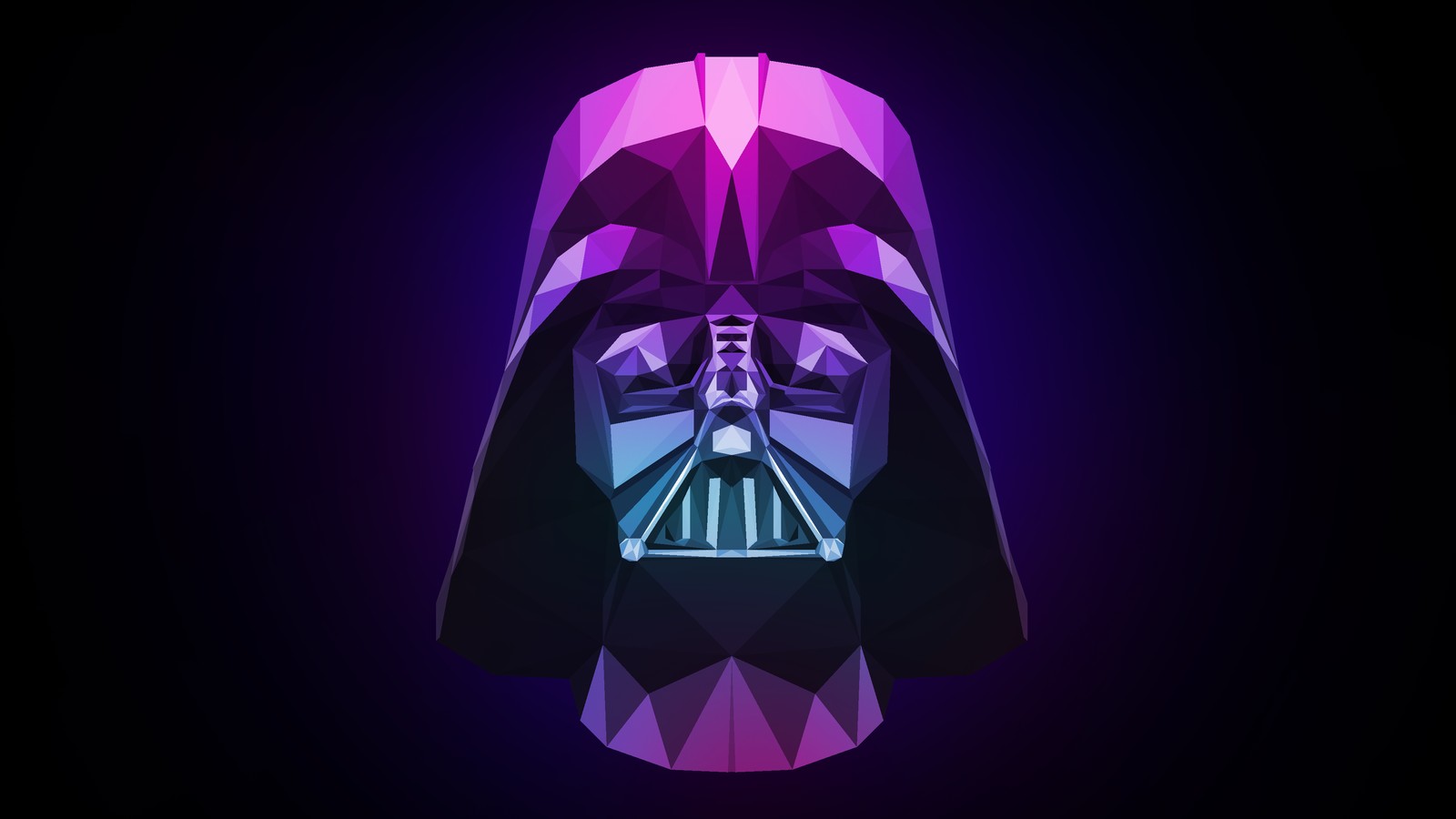 Uma máscara do darth vader com uma luz roxa brilhando sobre ela (darth vader, baixa poligonagem, obra de arte, fundo escuro, roxo)