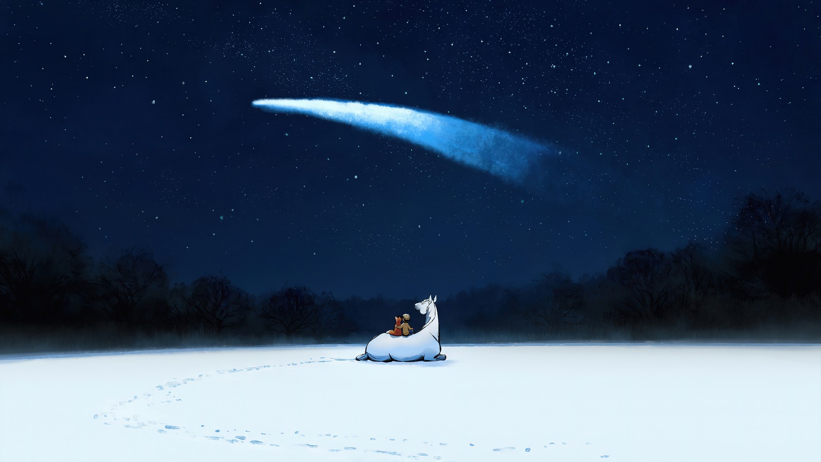 Um cavalo árabe e um cachorro sentados na neve assistindo a um cometa (o menino o tope a raposa e o cavalo, animado, animação, filme, cenário)