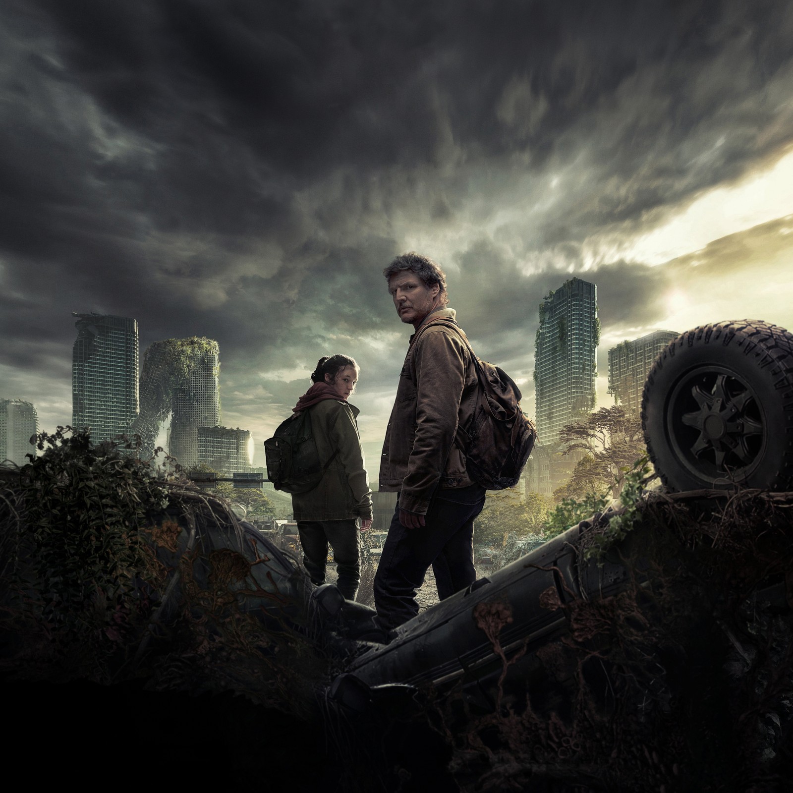 Arafed image of a man and a woman standing in front of a city (the last of us, 2023 series, pedro pascal as joel, bella ramsey as ellie, joel miller)