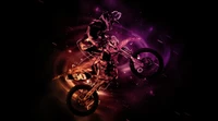 Pilote de motocross dynamique réalisant une figure dans un design graphique vibrant sur le thème de l'espace en violet et orange.