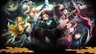 Dynamic ensemble of "Demon Slayer" characters, featuring Tanjiro Kamado, Nezuko Kamado, Giyu Tomioka, Zenitsu Agatsuma, Inosuke Hashibira, and Rui, set against an intense backdrop.