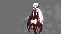 A mysterious female character with long white hair and striking red eyes, dressed in a dark costume with oversized claw-like appendages, set against a textured gray background.