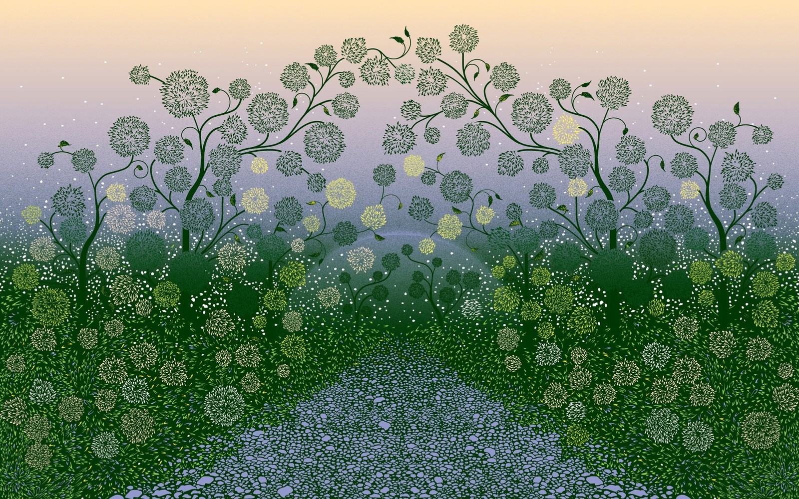 There is a painting of a road with trees and flowers (green, tree, morning, ecosystem, vegetation)