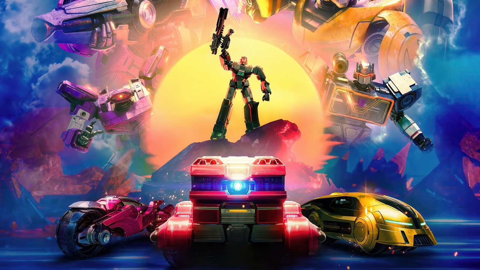 A group of toy vehicles and a robot in a scene (transformers one, movie, transformers, optimus prime, megatron)