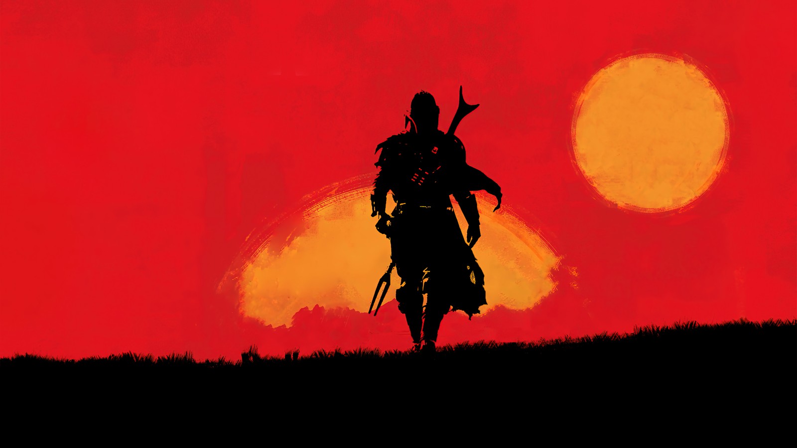 A man with a sword walking across a field at sunset (the mandalorian, star wars, art, background)