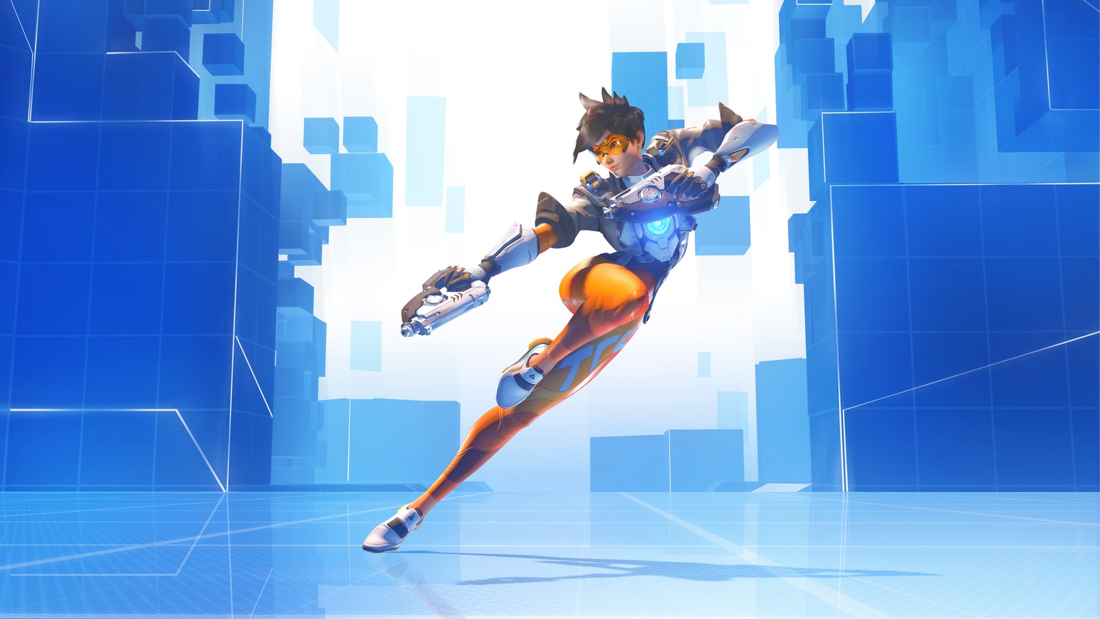 Un gros plan d'une personne en costume sur un skateboard (tracer, overwatch, jeu vidéo)