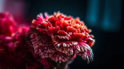 Close-up de uma flor de cravo vermelho vibrante com texturas intrincadas e tons ricos.