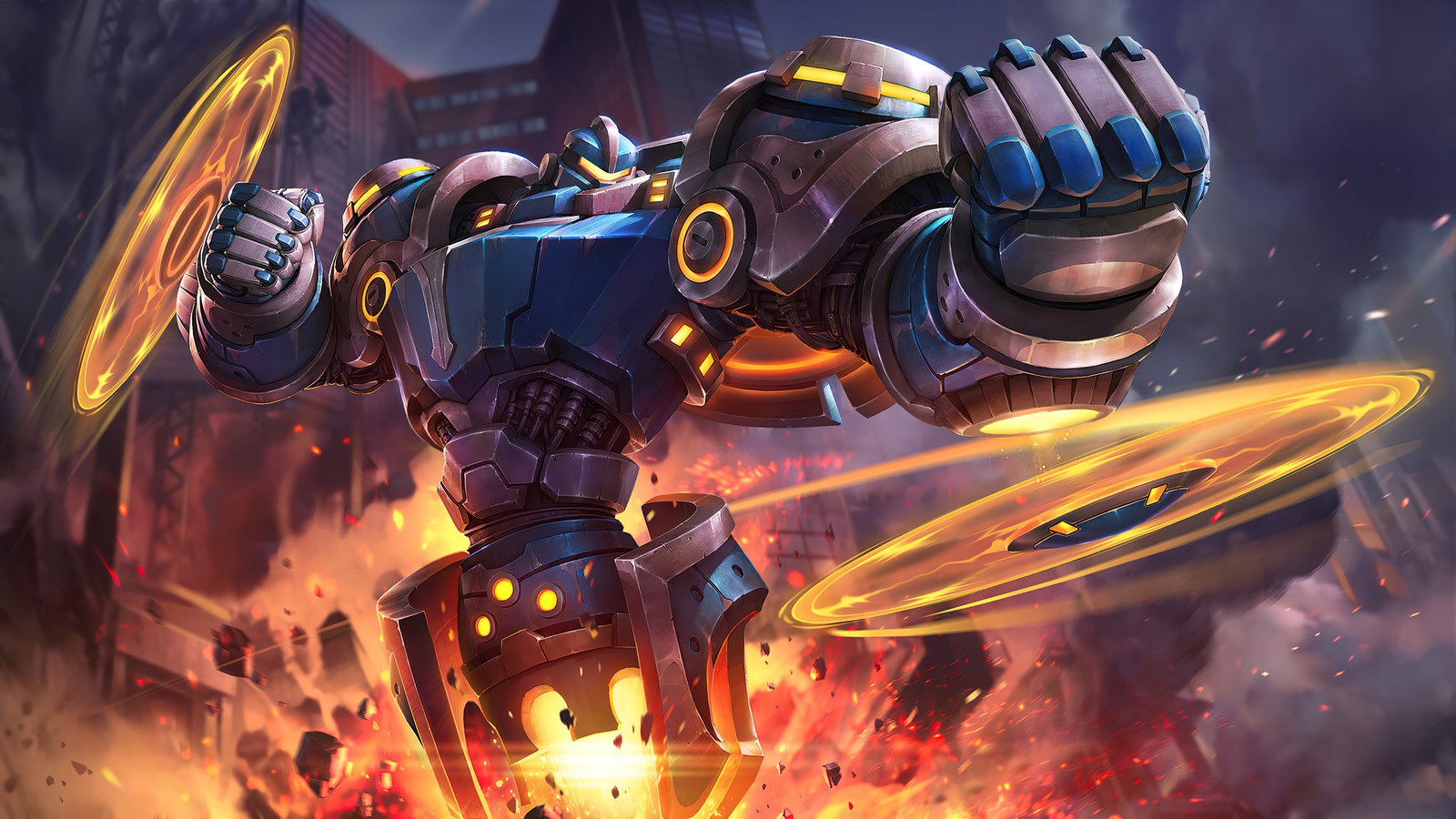 Un gros plan d'un robot avec un anneau de feu dans la main (uranus, mech protector, peau, mobile legends, bang bang)