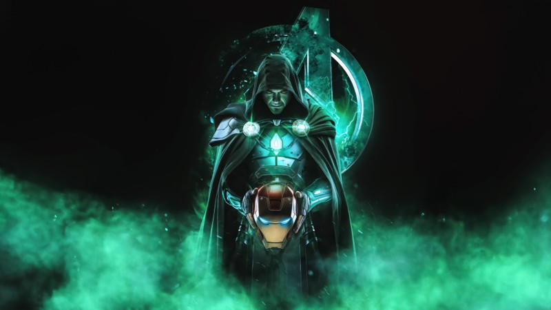 Мужчина в зеленом костюме стоит в темной комнате (доктор зловещий, doctor doom, marvel, день суда мстителей, фильм)