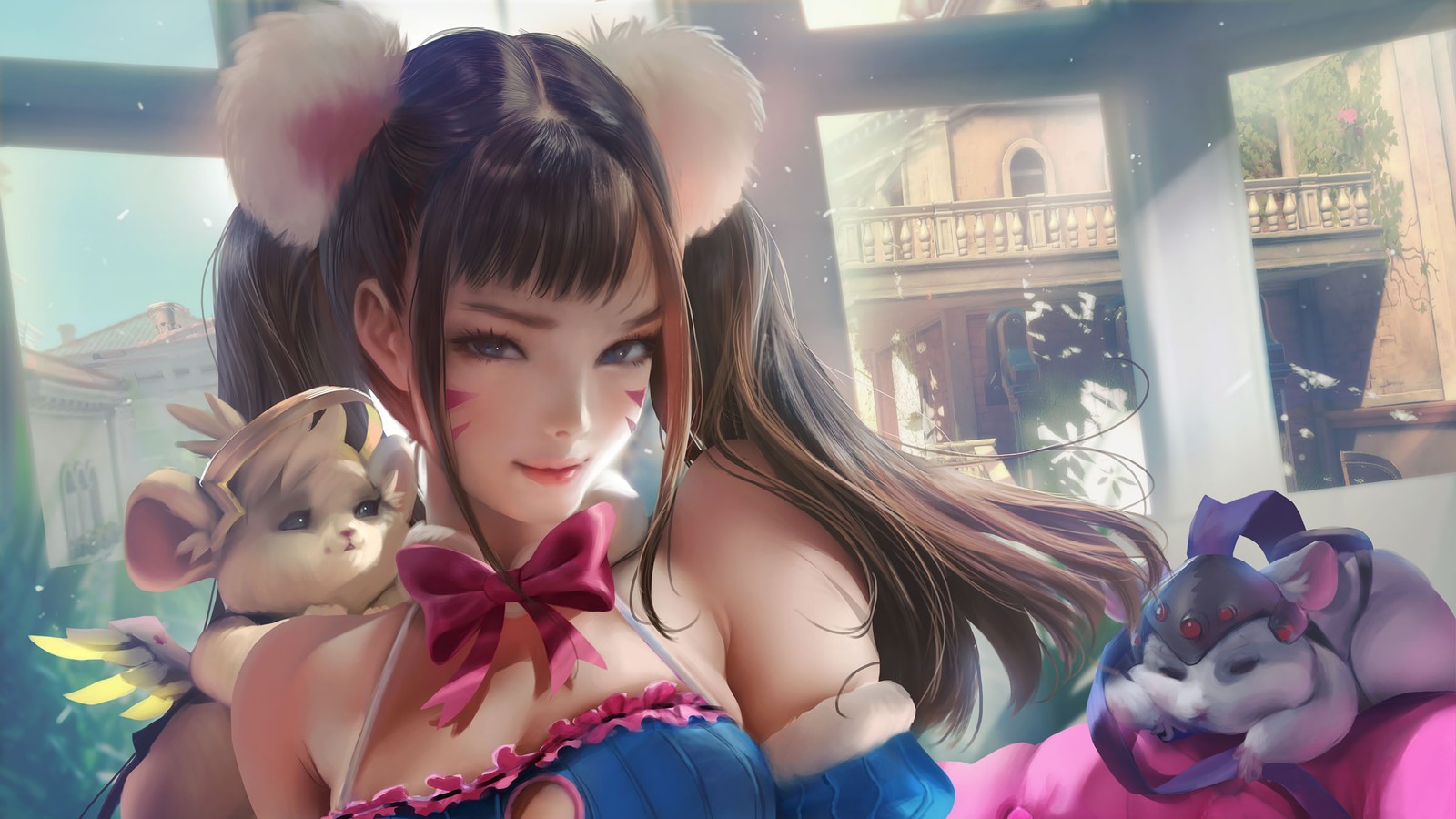 A close up of a woman with a cat and mouse on her lap (dva, overwatch, video game)