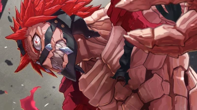 Eijiro Kirishima como Red Riot, mostrando su feroz determinación y poderoso quirk en un momento intenso de My Hero Academia.