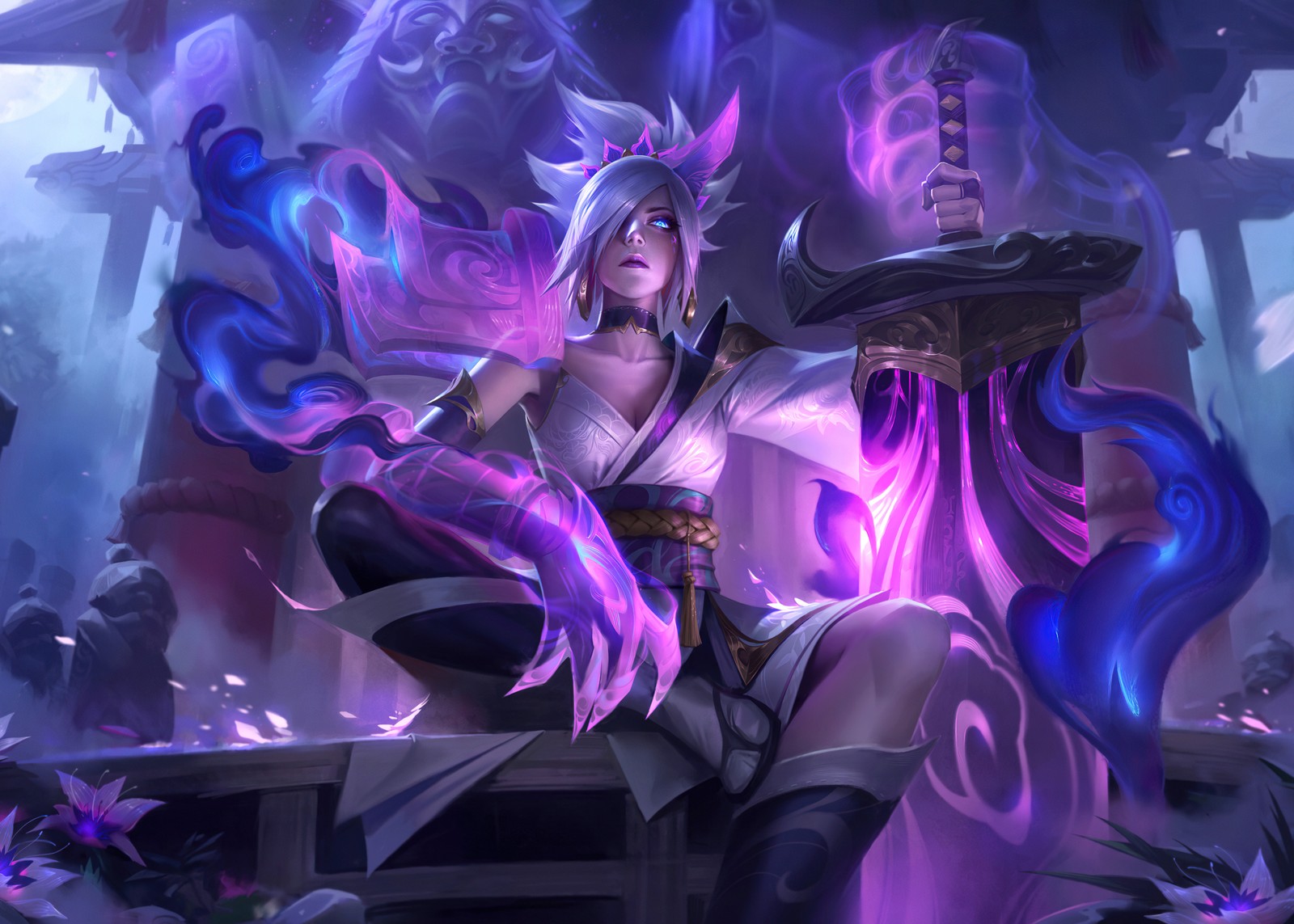 Скачать обои spirit blossom riven, league of legends, riven, фиолетовая эстетика, игры