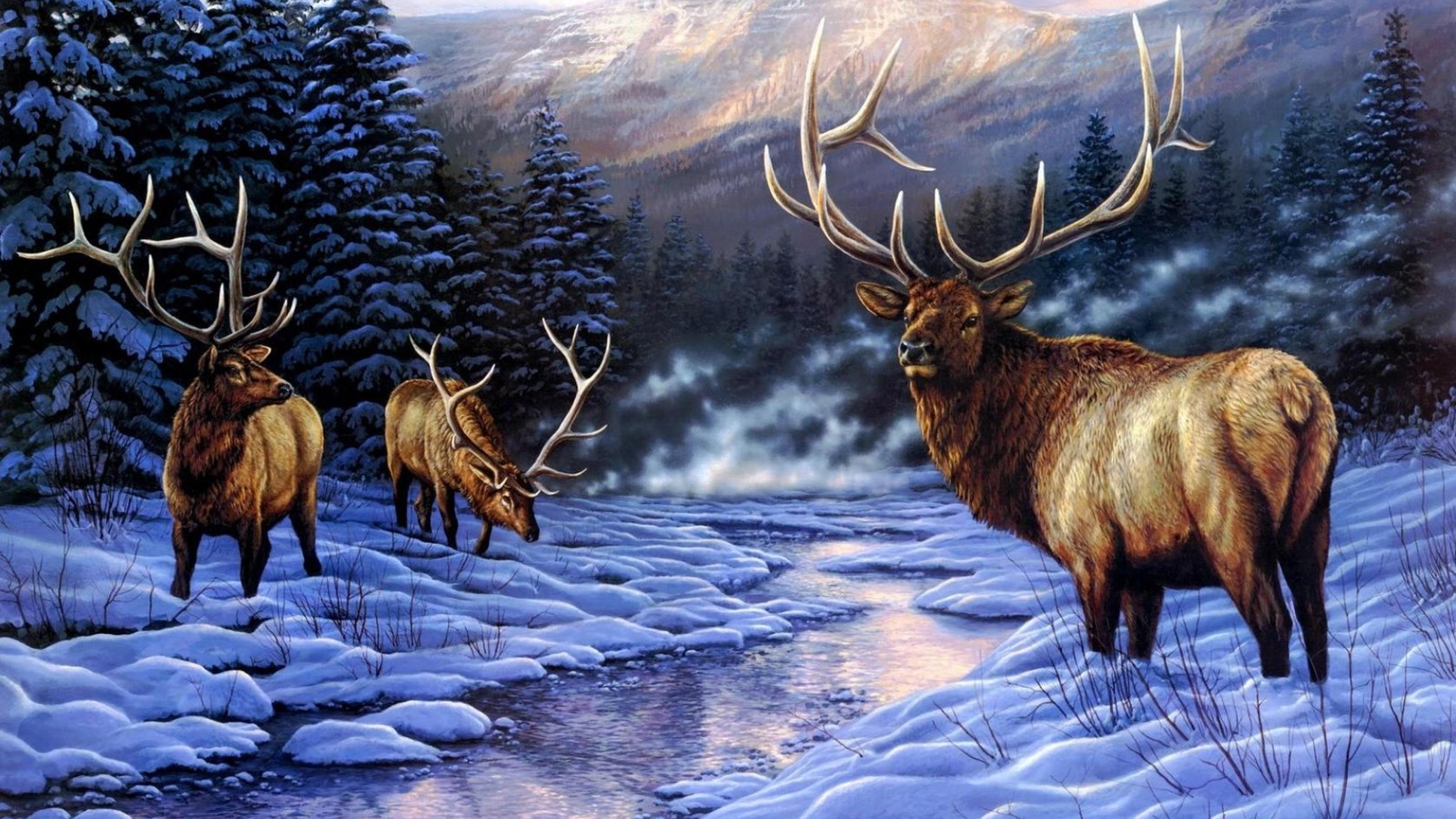 Pintura de alces en un paisaje nevado con un arroyo (alce, ciervo, renos, vida silvestre, invierno)