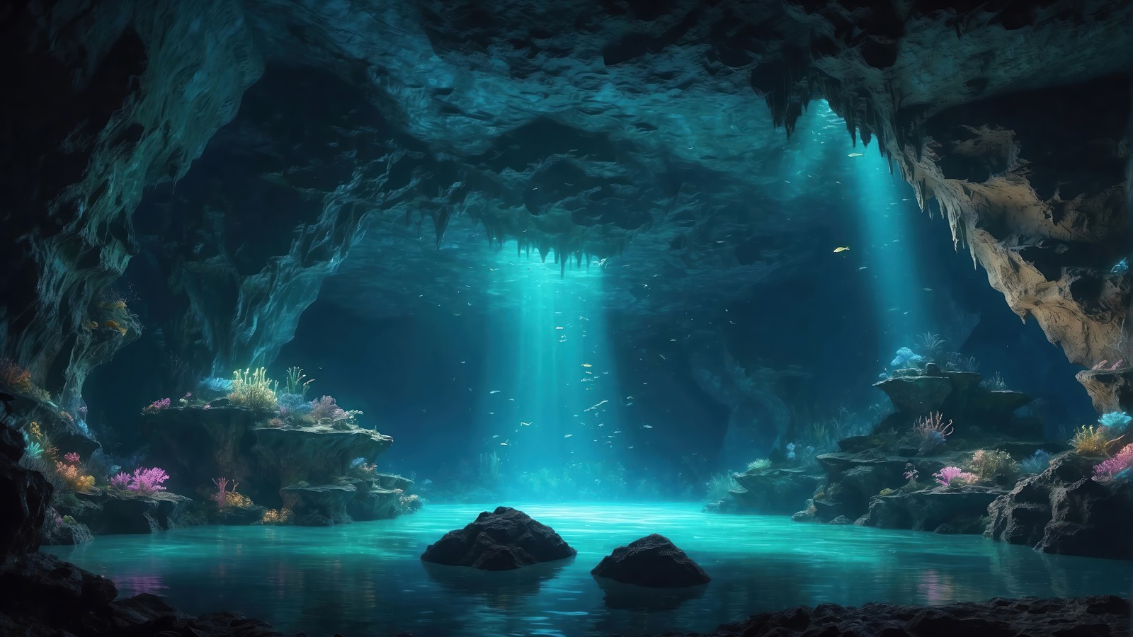 cave, water, coral, scenery, digital art wallpaper