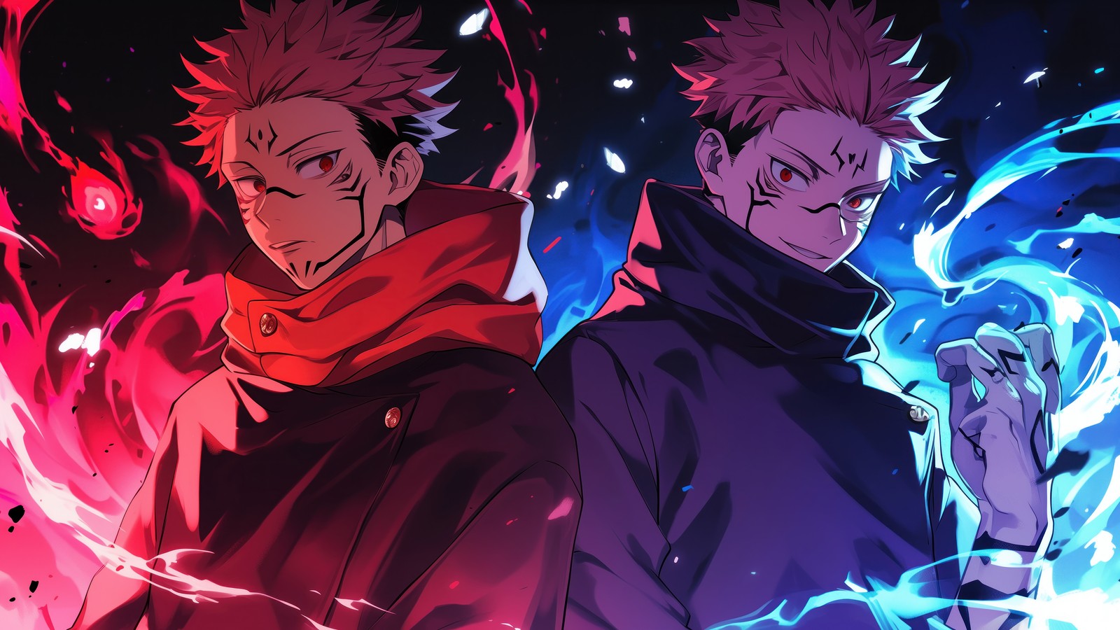 Dos personajes de anime con cabello rojo y ojos azules, uno sostiene una espada (jujutsu kaisen, anime, sukuna, yuji, yuji itadori)