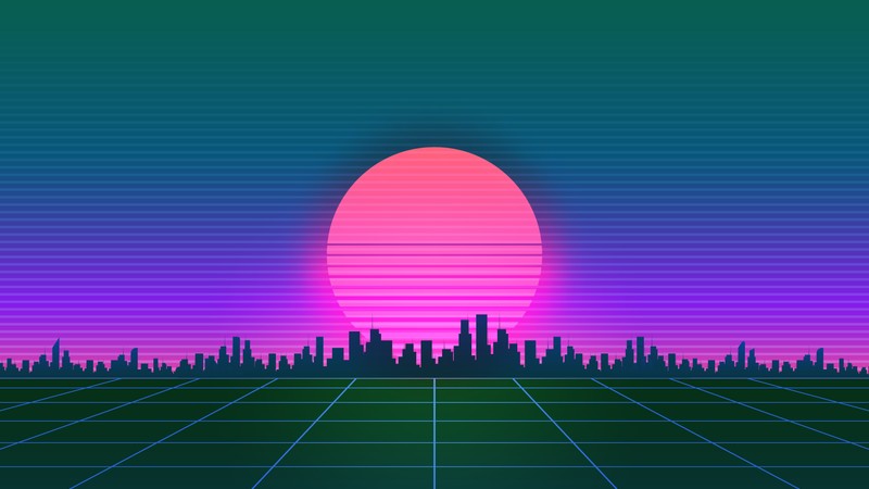 Закат над городом с сеткой зданий (киберпанк, вэйпорвэйв, vaporwave, synthwave, природная среда)