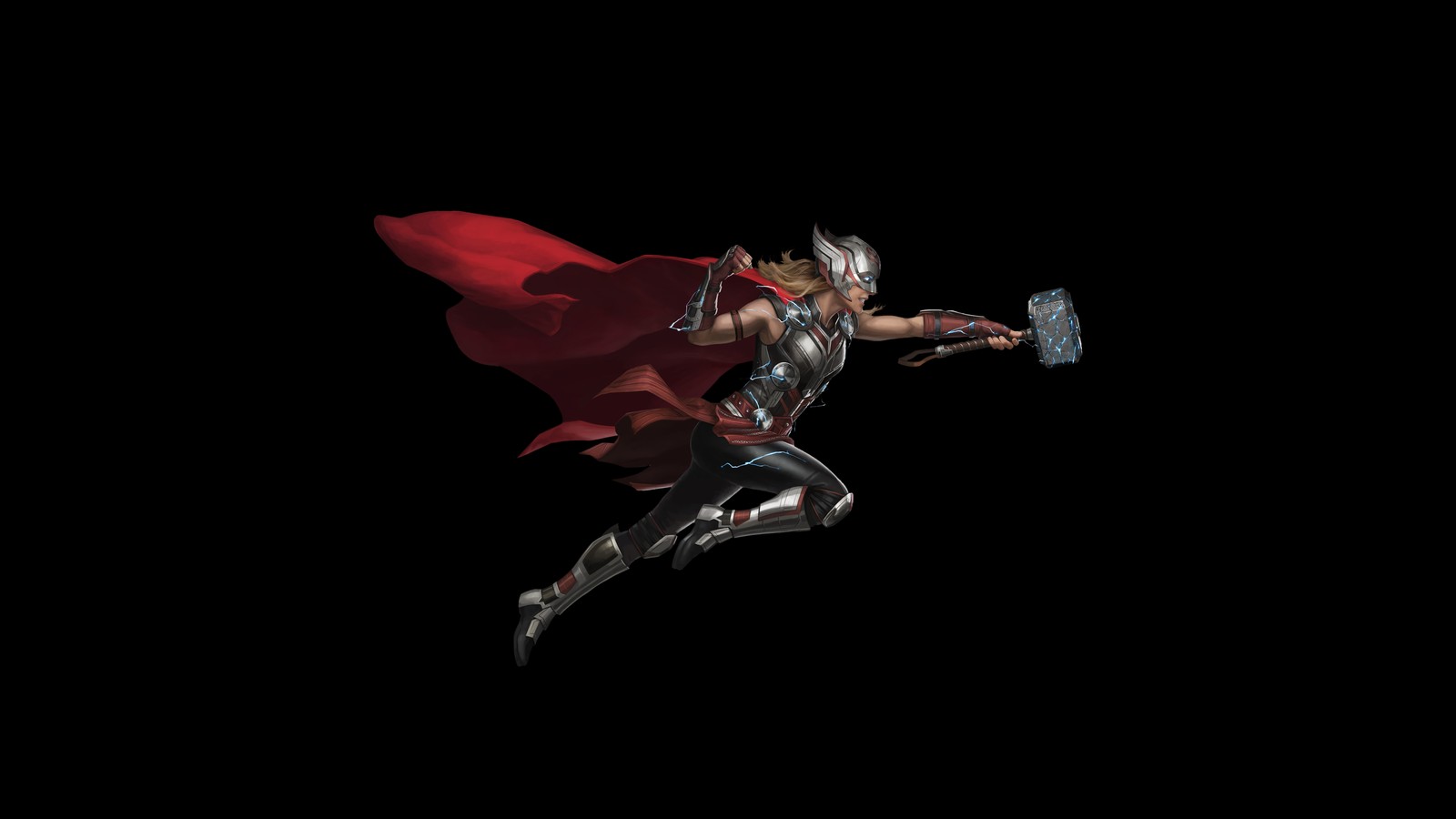 Thor flying through the air with a hammer in his hand (mighty thor, jane foster, marvel superheroes, black background, 5k)