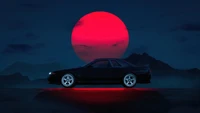 night, moon, sports car, art, digital art wallpaper