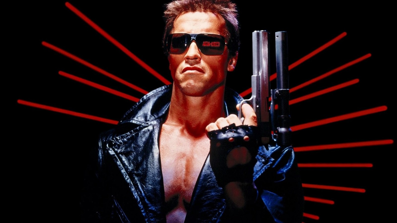 Un hombre en una chaqueta de cuero sostiene un arma en la mano. (arnold schwarzenegger, terminador, terminator, el exterminador, the terminator)