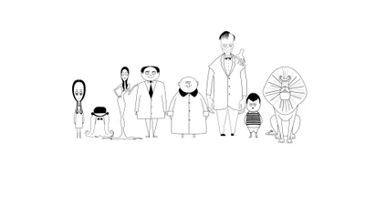 Personagens da Família Addams em uma fila estilizada