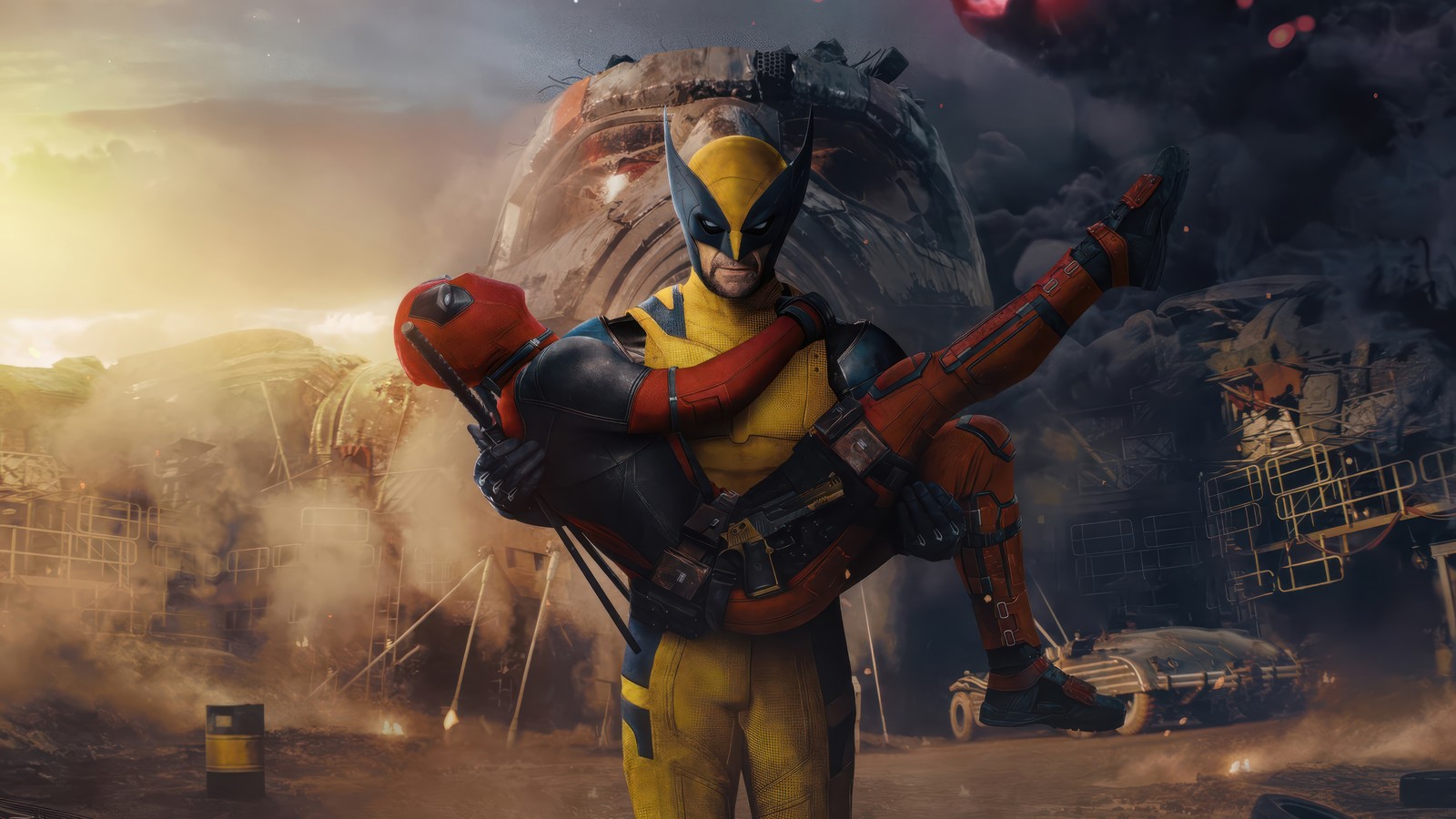 Un homme en costume de deadpool tenant une arme devant un bâtiment (deadpool et wolverine, film, marvel, wolverine)