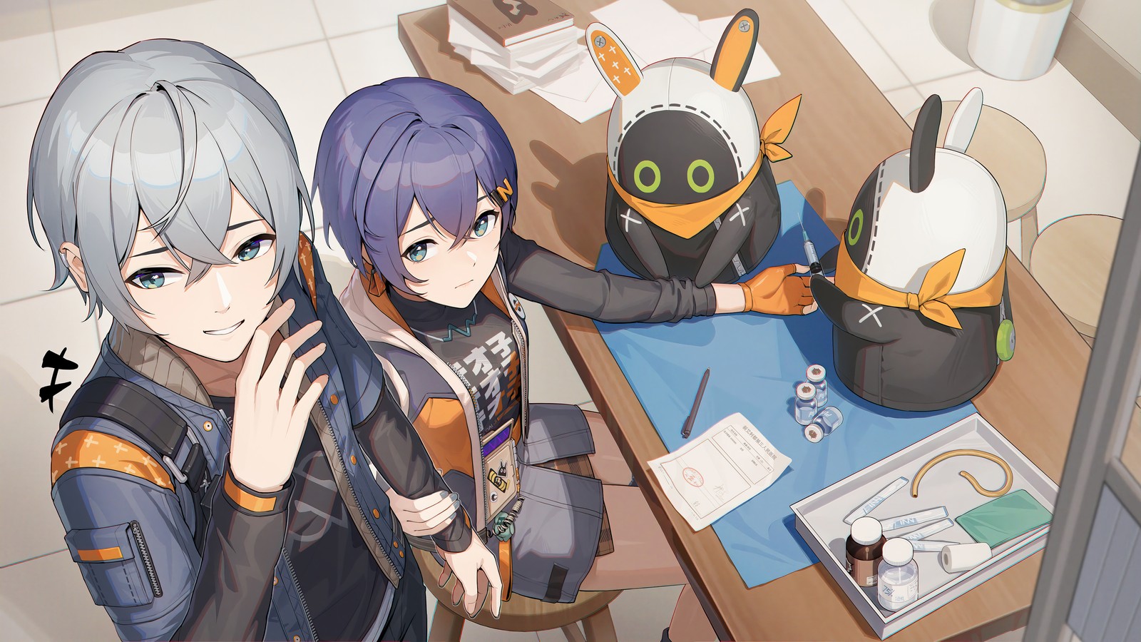 Personnages d'anime assis à une table avec un pingouin (zenless zone zero, jeu vidéo, zzz, belle, sage)