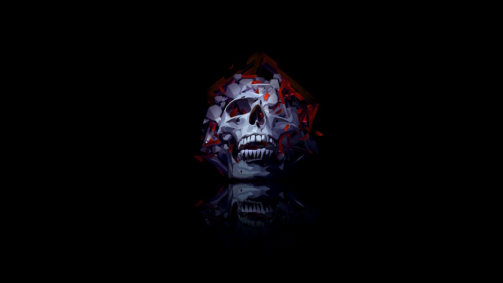 A close up of a skull with a red and black background (skull, low poly, artwork, amoled, black background)