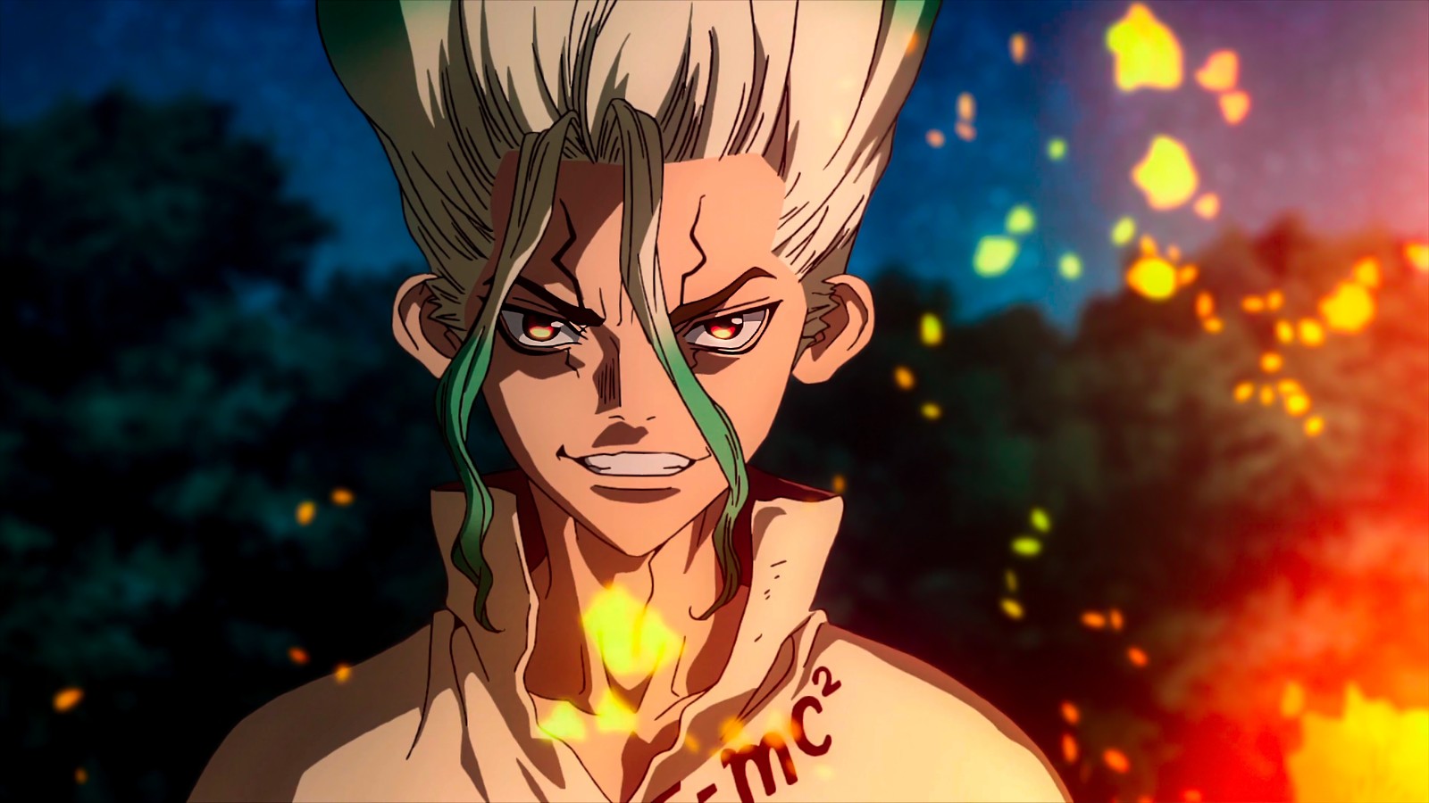 Un gros plan d'une personne avec du feu en arrière-plan (dr stone, anime, senku ishigami)