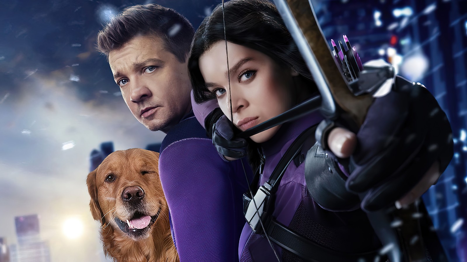 Gros plan sur une personne tenant un arc avec un chien (la série hawkeye, disney, série télévisée, hawkeye, kate bishop)