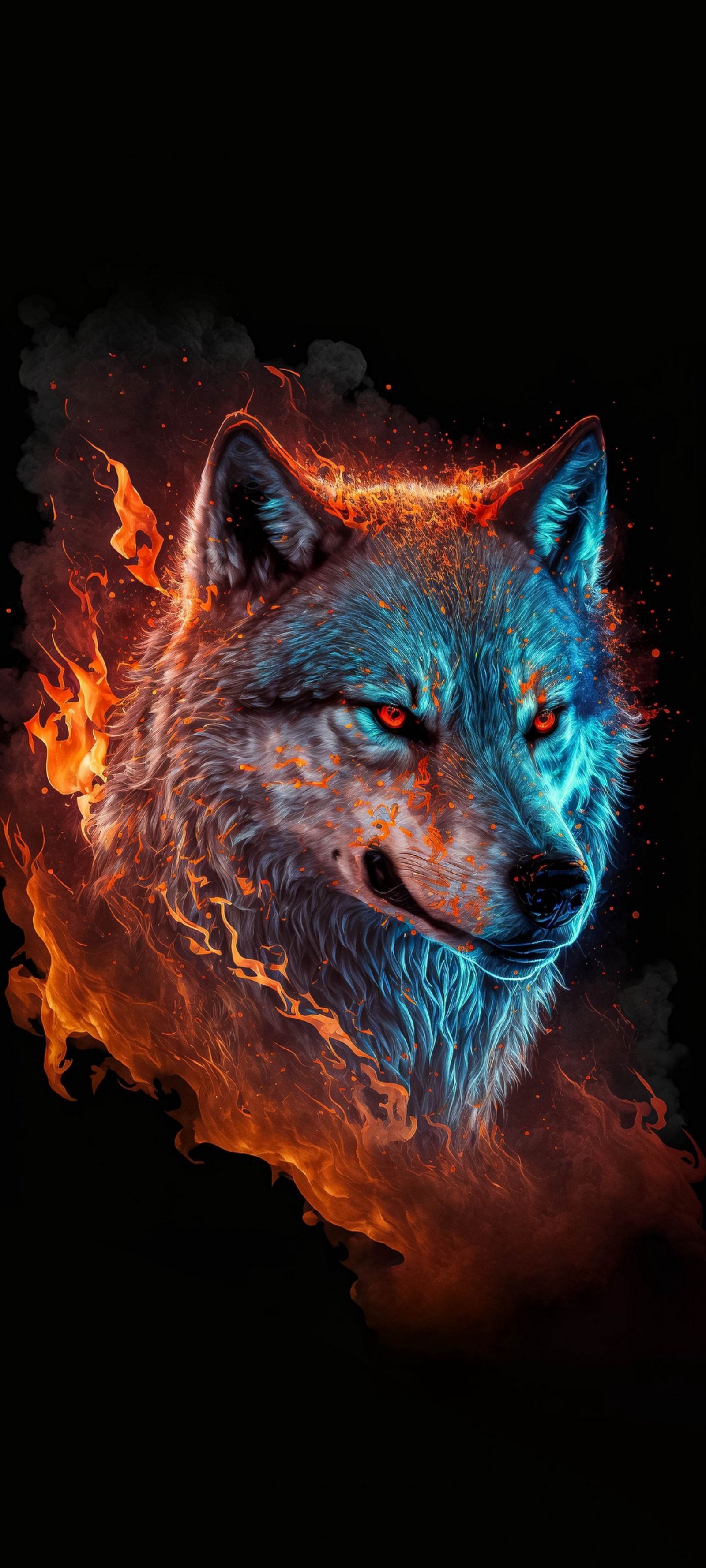 A close up of a wolf with a fire and flames on its face (wolf, backpack, painting, graphic design, felidae)