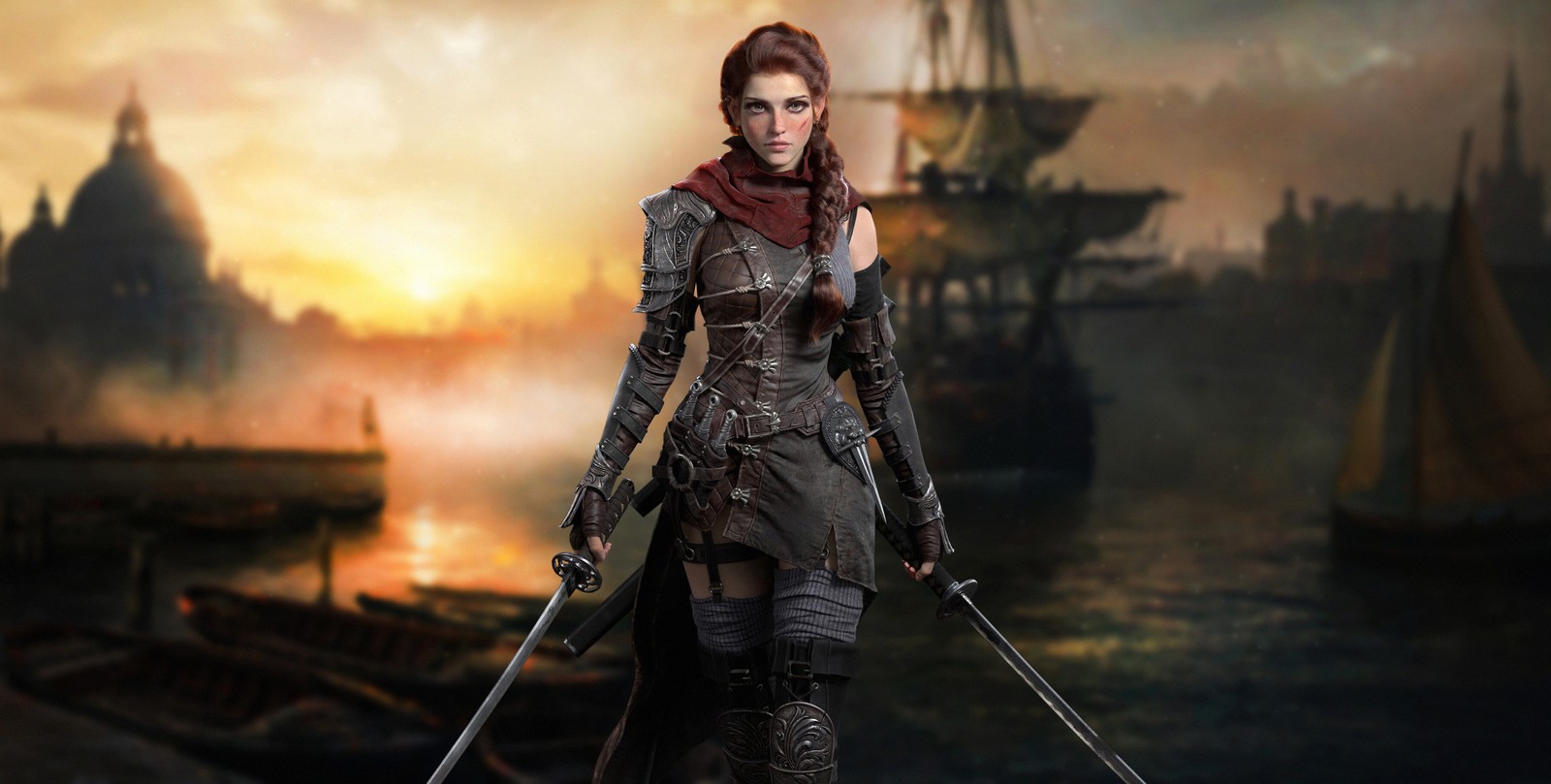 Eine frau in einem lederoutfit hält ein schwert und steht auf einem steg (kunst, piraterie, film, spiele, pc game)