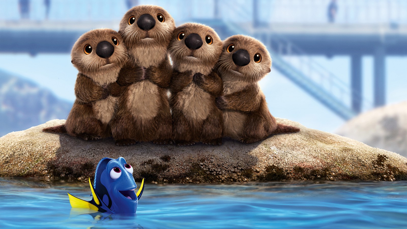 There are three otters sitting on a rock in the water (pixar, animation, the walt disney company, water, blue)