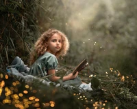 fille mignonne, lecture de livre, portrait, 5k, forêt magique