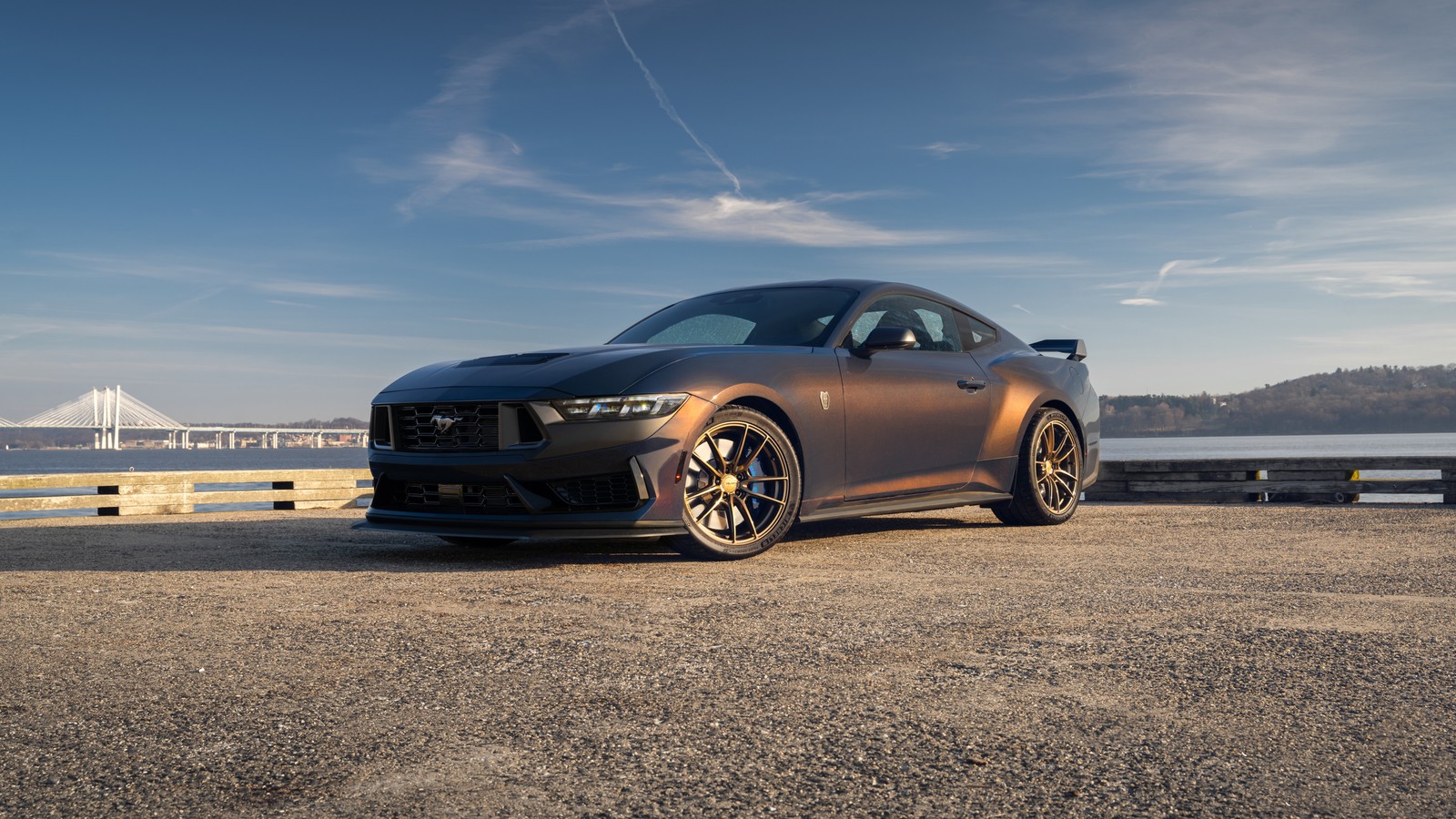 The 2020 nissan gt35 is parked on a gravel road near a body of water (ford mustang dark horse, outdoor, 5k, cars, 4k wallpaper)