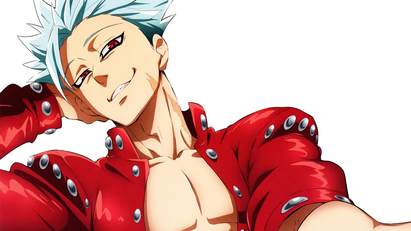 Un primer plano de una persona con camisa roja y cabello blanco (prohibición, nanatsu no taizai, los siete pecados capitales, the seven deadly sins, anime)