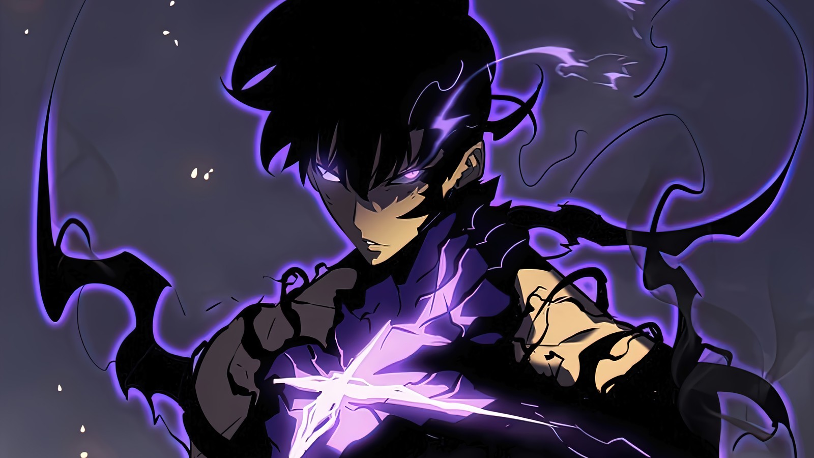 Anime, anime, black hair, guy, purple, sword, sword, sword, sword, (sung jinwoo, 성진우 sung jin woo, solo leveling, manhwa)