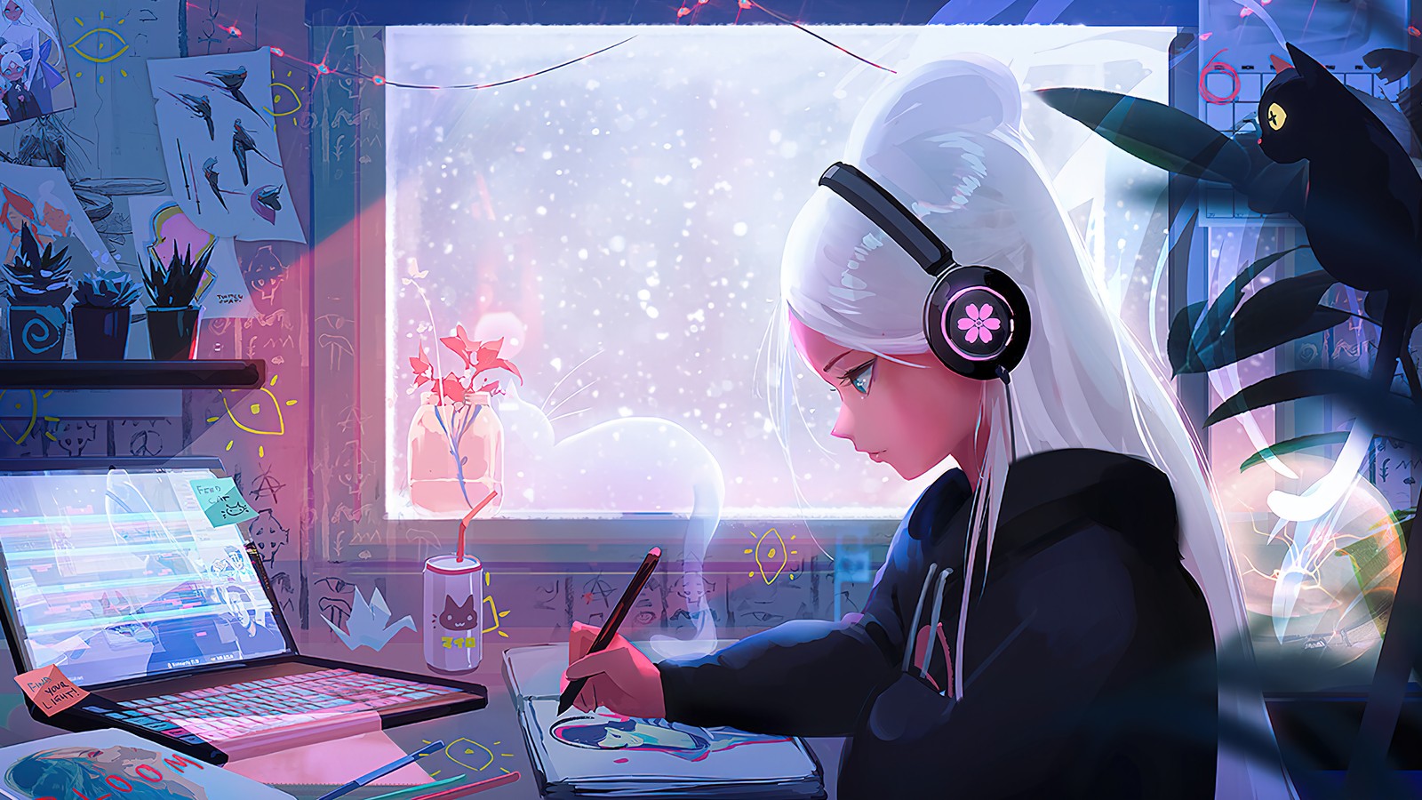 Menina de anime com fones de ouvido sentada em uma mesa com um laptop (lofi, relaxar, anime, meninas de anime)