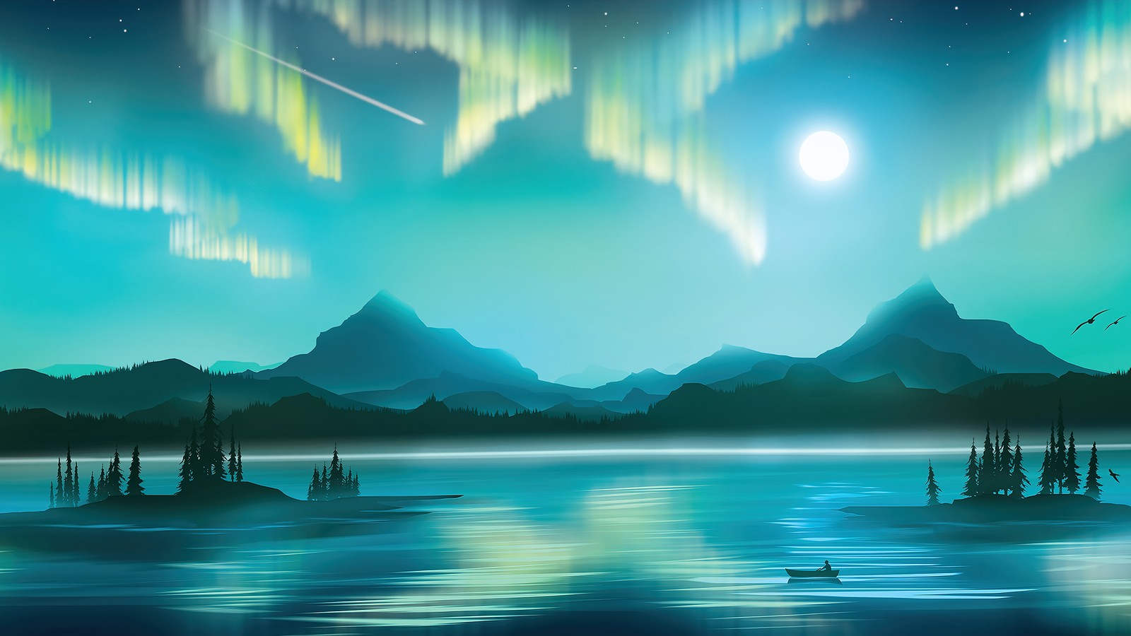 Una hermosa aurora boreal sobre un lago con montañas y árboles (aurora boreal, auroras boreales, arte digital)