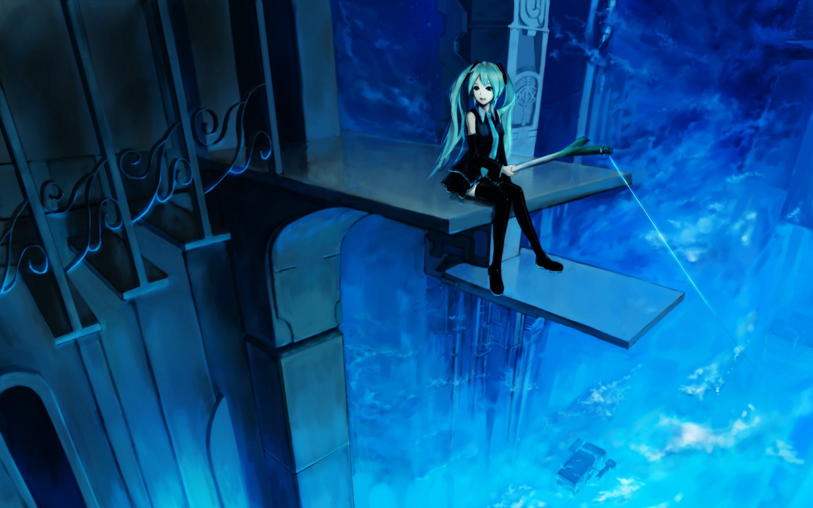 Menina de anime sentada em um parapeito em uma sala azul (hatsune miku, vocaloid, azul, azul elétrico, espaço)