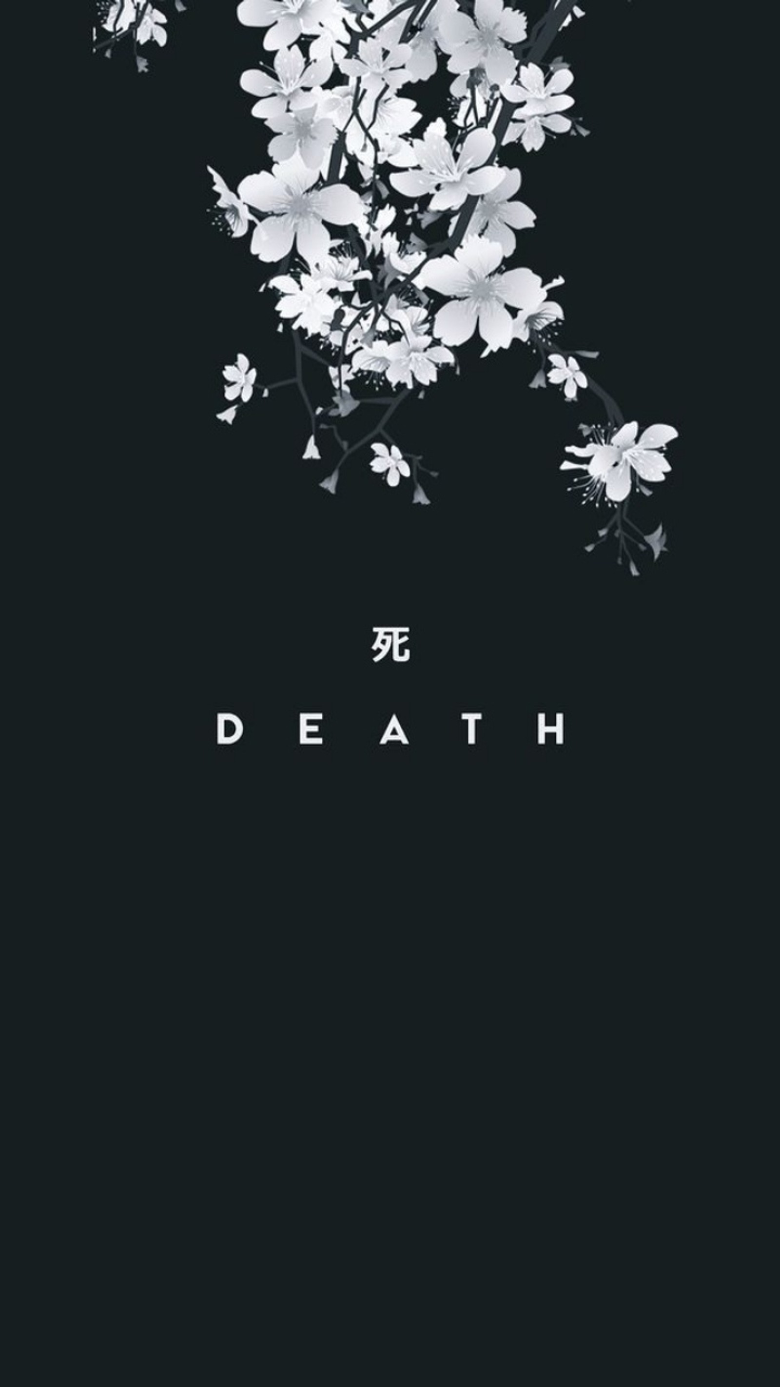 A black and white photo of flowers with the words death (death, japanese, kanji)