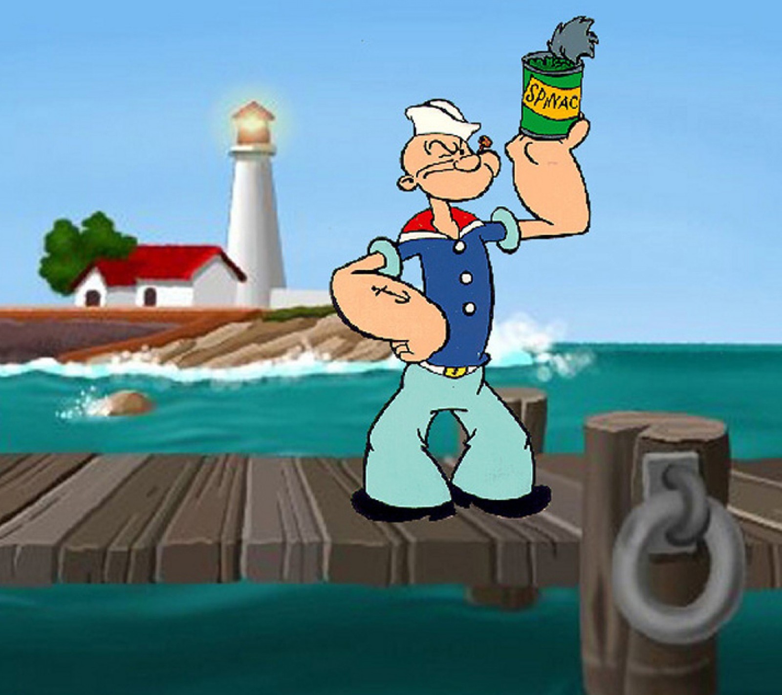 Caricatura de un hombre de pie en un muelle sosteniendo una lata de refresco (dibujos animados, popeye)